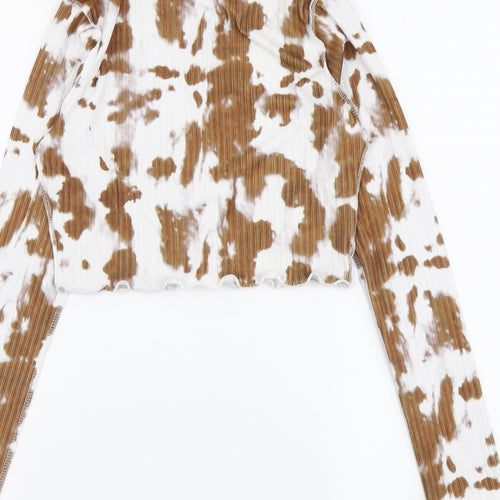 PRETTYLITTLETHING Womens Brown Geometric Polyester Cropped Blouse Size 8 Round Neck