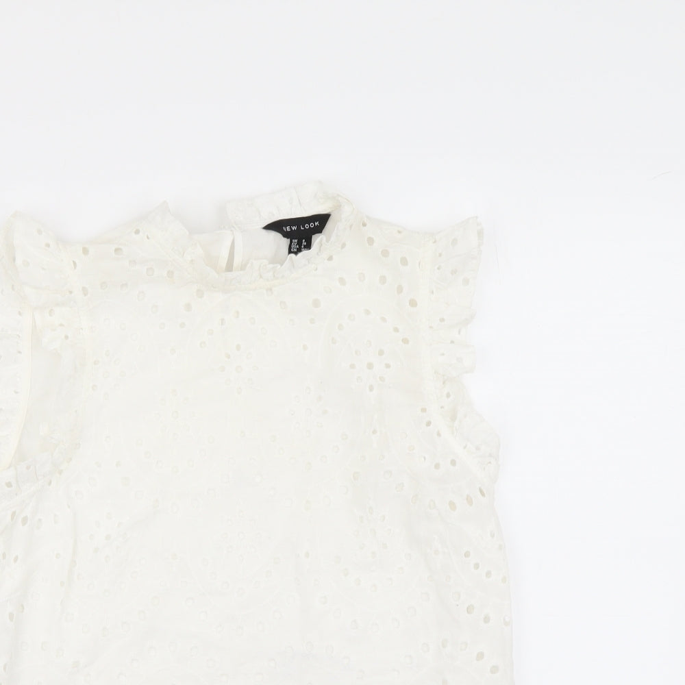 New Look Womens Ivory Cotton Basic Blouse Size 8 Mock Neck