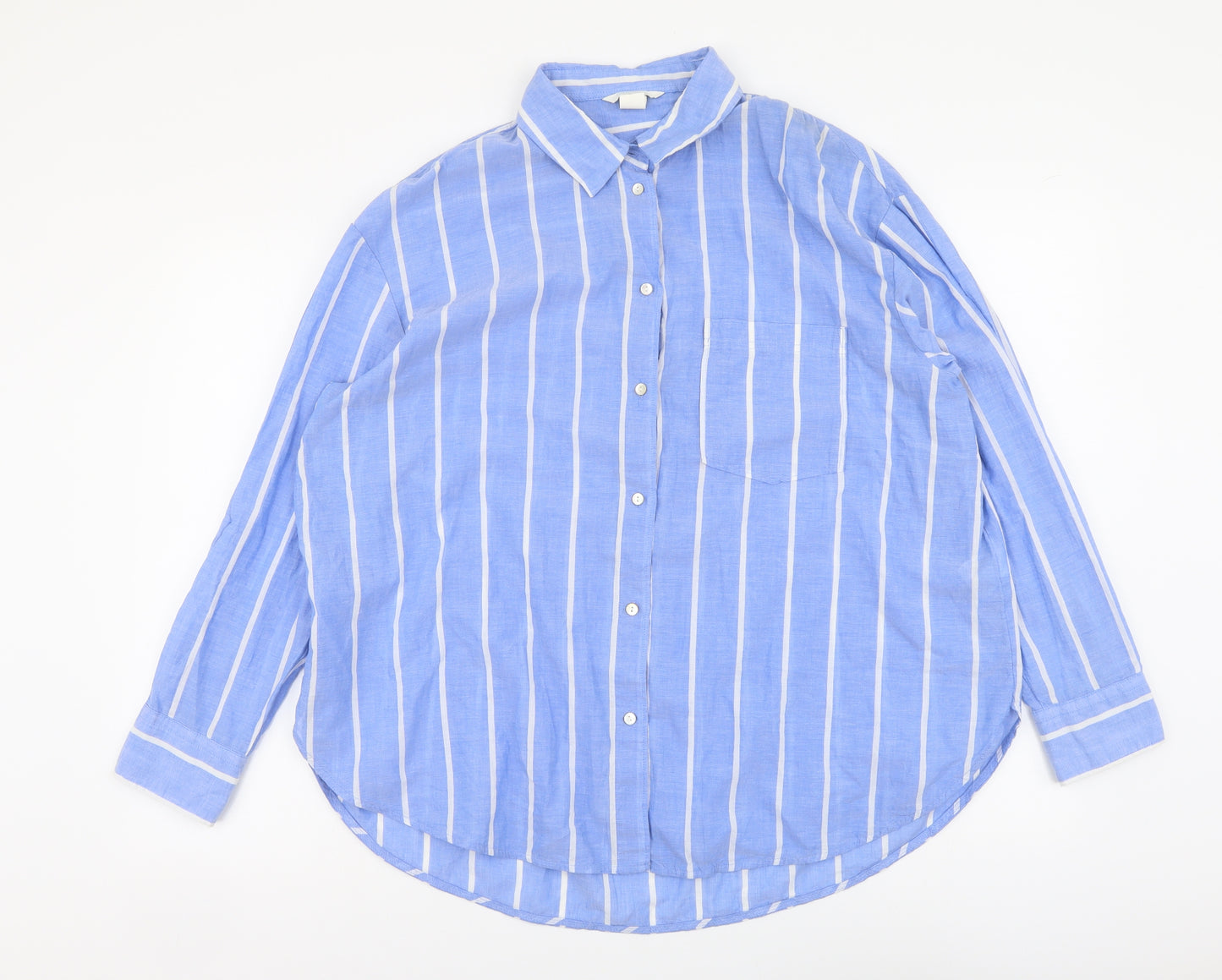 H&M Womens Blue Striped Cotton Basic Button-Up Size M Collared
