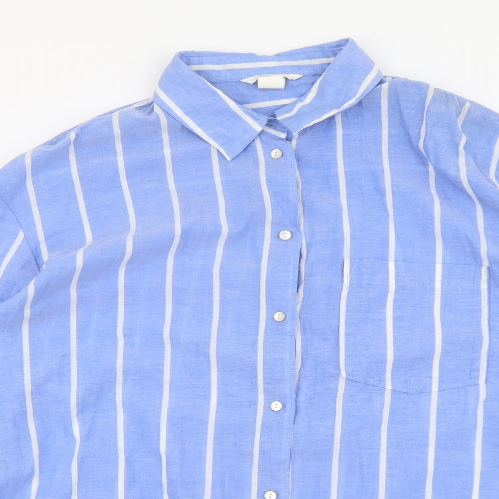H&M Womens Blue Striped Cotton Basic Button-Up Size M Collared