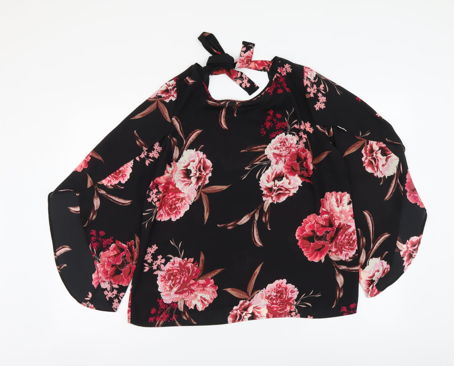 George Womens Black Floral Polyester Basic Blouse Size 14 Round Neck