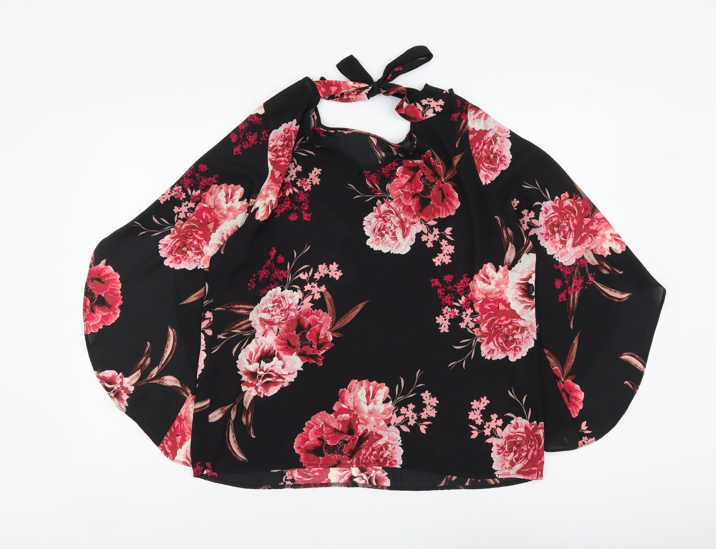 George Womens Black Floral Polyester Basic Blouse Size 14 Round Neck