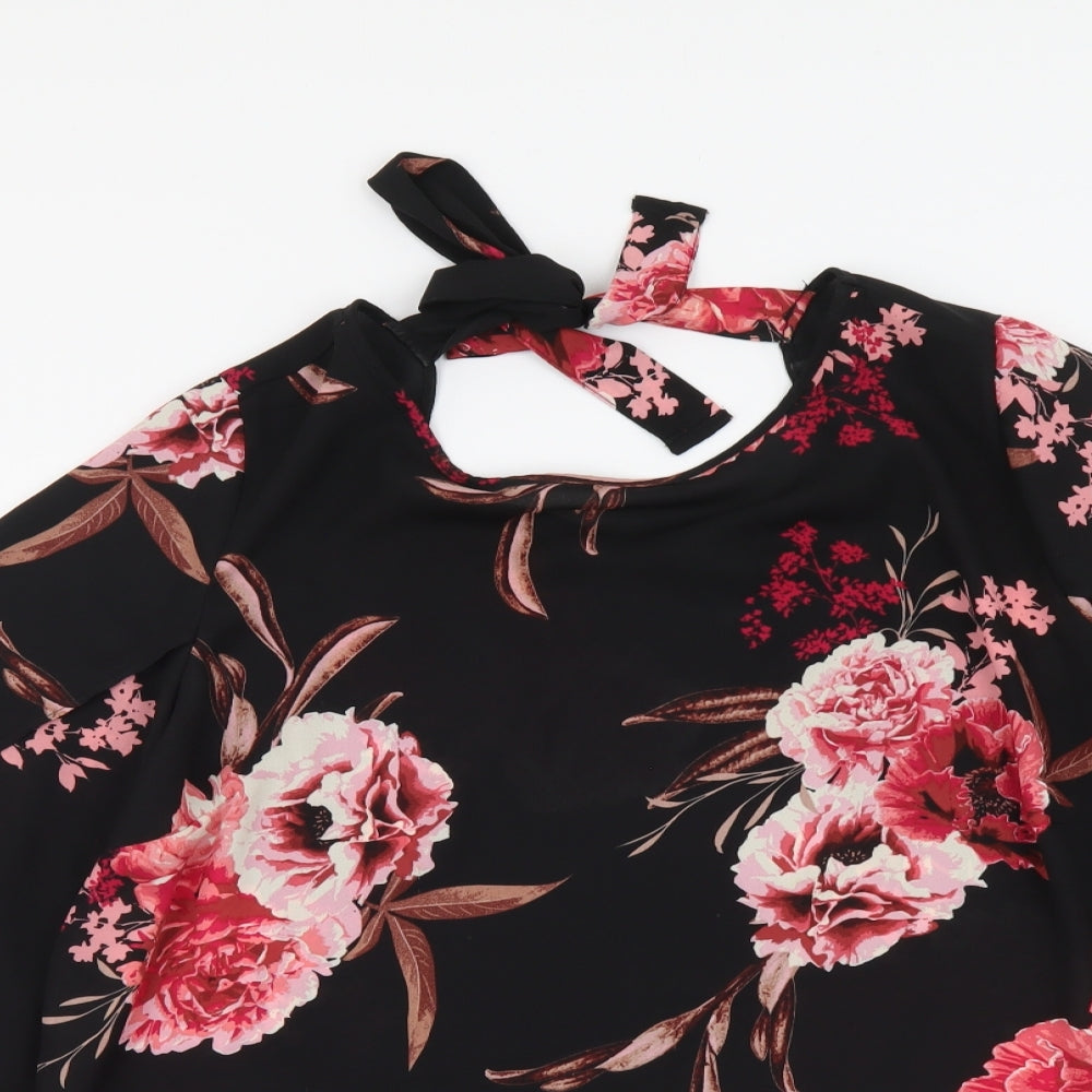 George Womens Black Floral Polyester Basic Blouse Size 14 Round Neck