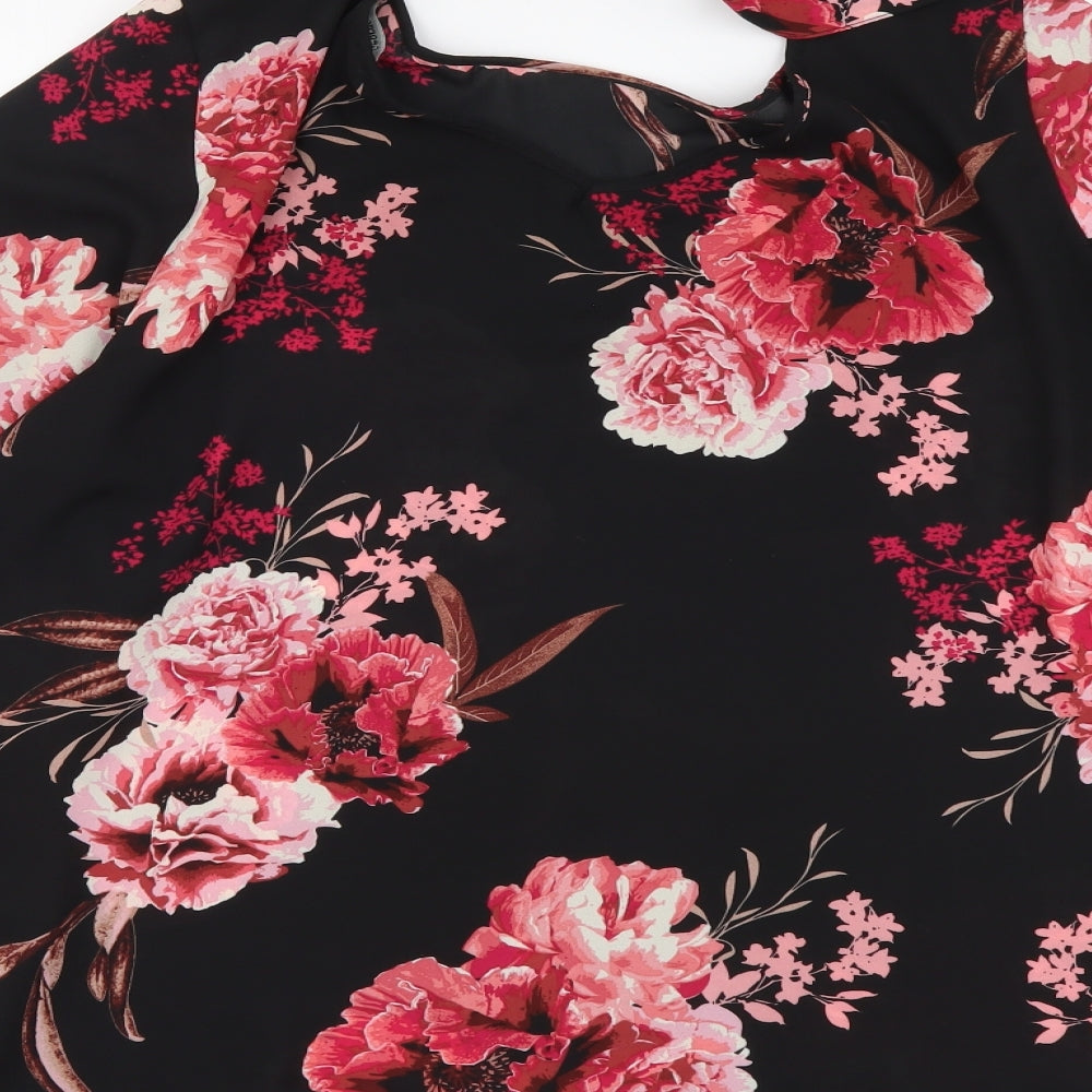 George Womens Black Floral Polyester Basic Blouse Size 14 Round Neck