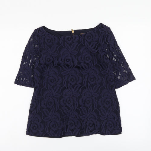 Phase Eight Womens Blue Floral Cotton Basic Blouse Size 12 Boat Neck