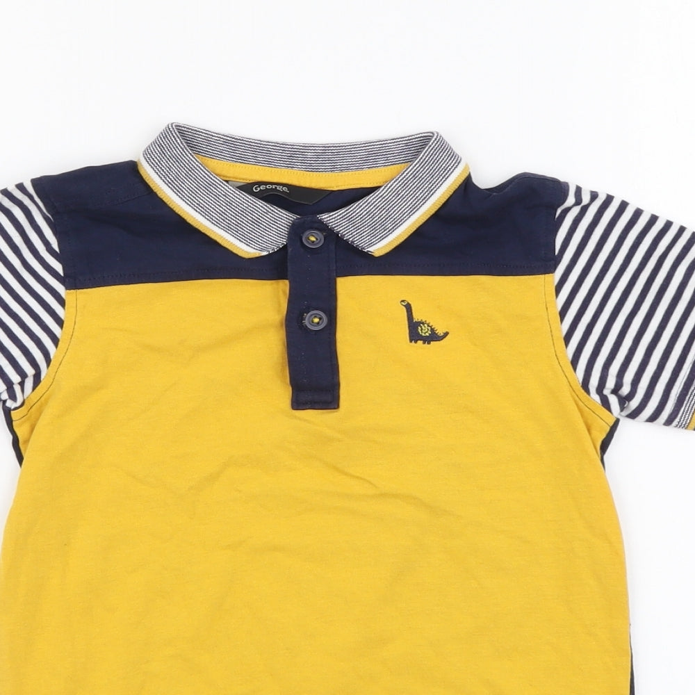 George Boys Yellow Striped Cotton Basic Polo Size 5-6 Years Collared Pullover - Dinosaur motif