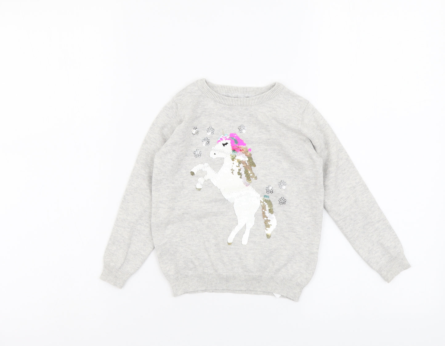 Primark Girls Grey Round Neck Cotton Pullover Jumper Size 4-5 Years Pullover - Unicorn