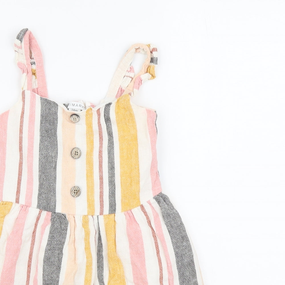Primark Girls Multicoloured Striped Linen Fit & Flare Size 3-4 Years Square Neck Pullover