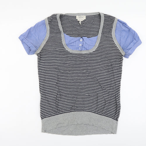 NEXT Womens Grey Striped Cotton Basic Blouse Size 10 Round Neck