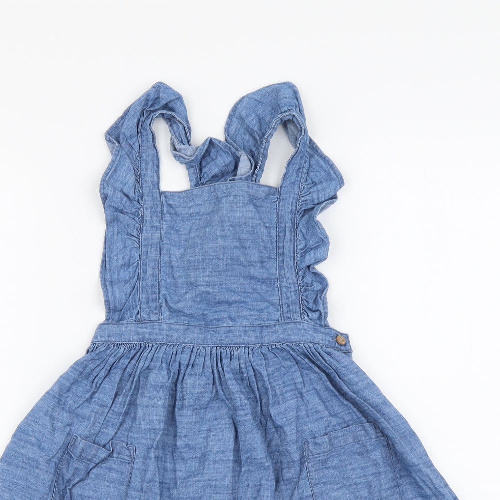 Primark Girls Blue Cotton Pinafore/Dungaree Dress Size 2-3 Years Square Neck Pullover