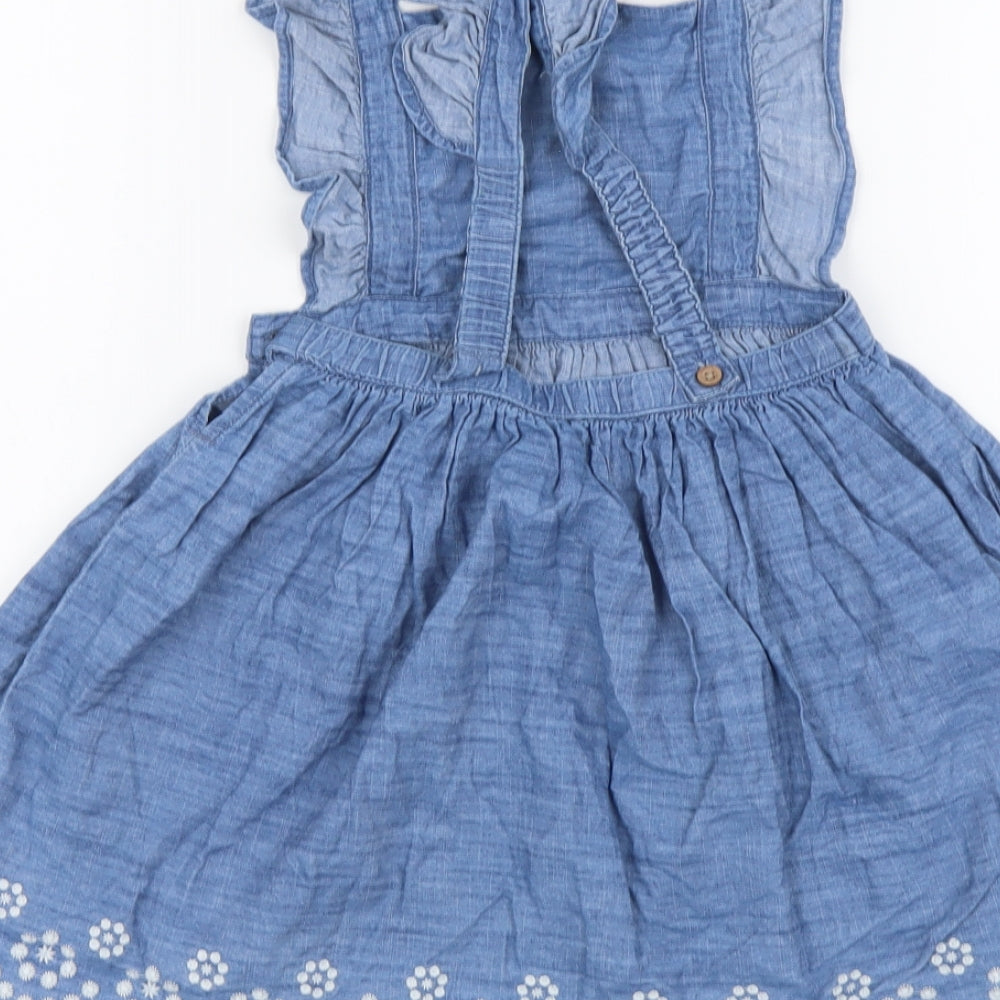 Primark Girls Blue Cotton Pinafore/Dungaree Dress Size 2-3 Years Square Neck Pullover