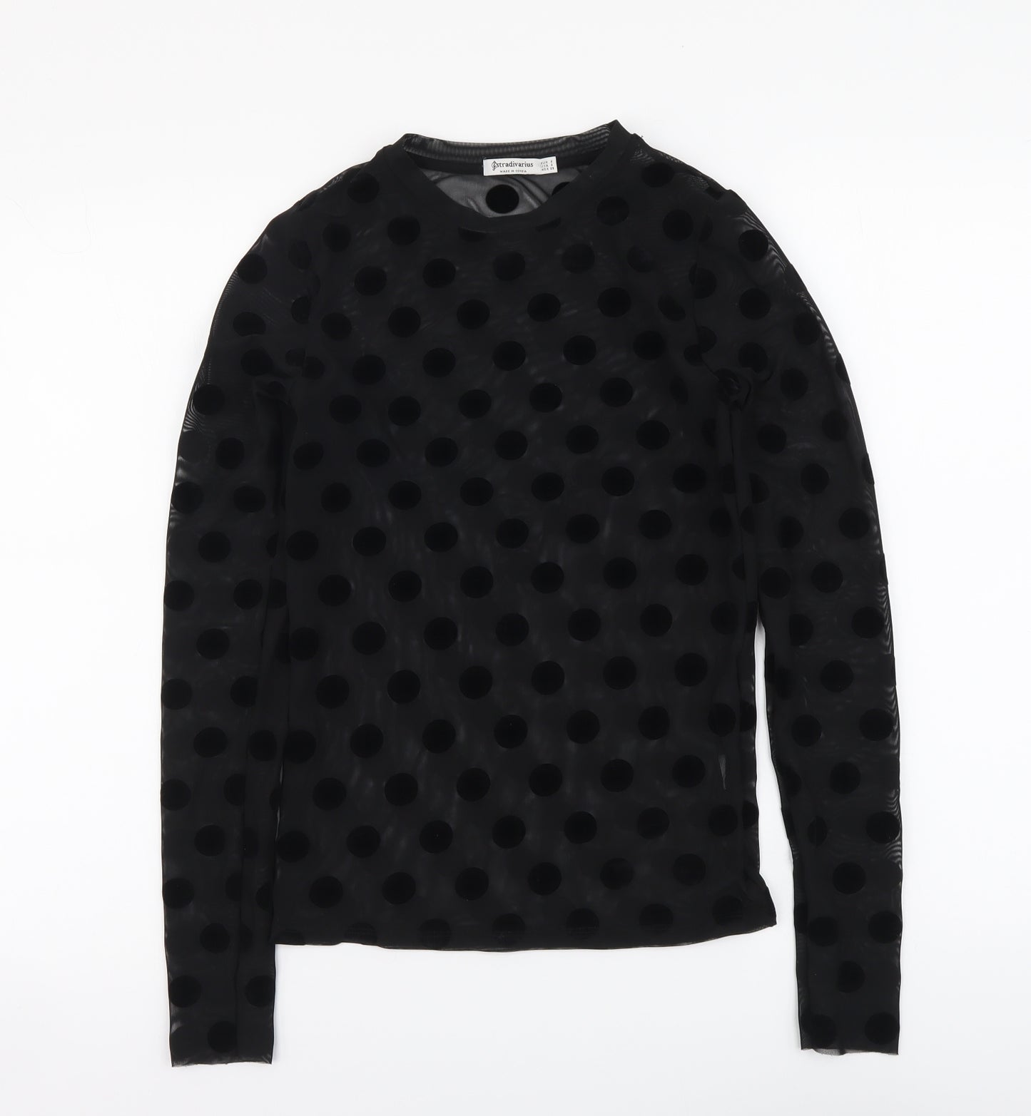 Stradivarius Womens Black Polka Dot Polyester Basic Blouse Size S Round Neck