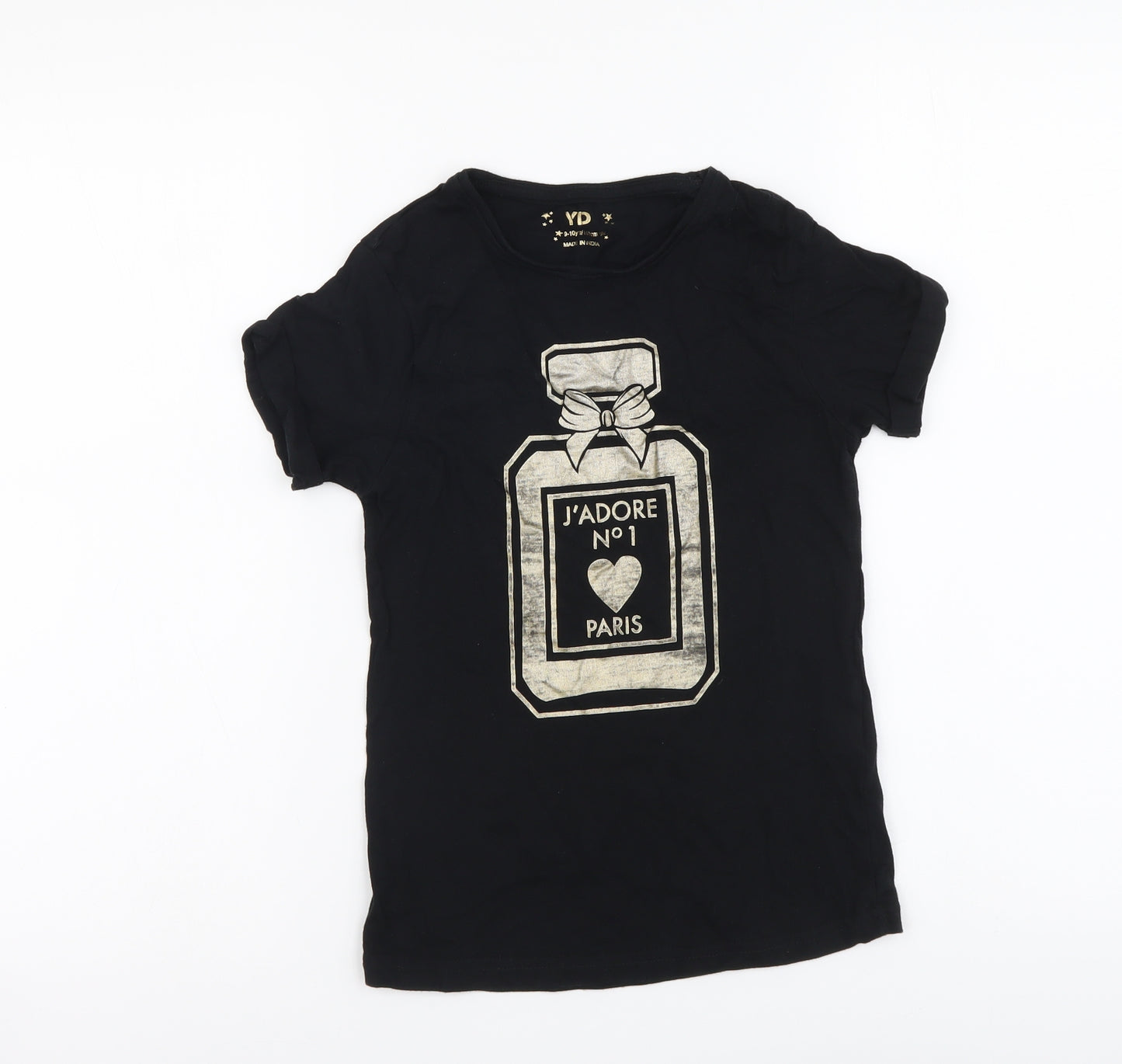 YD Girls Black Cotton Basic T-Shirt Size 9-10 Years Round Neck Pullover - Perfume Bottle