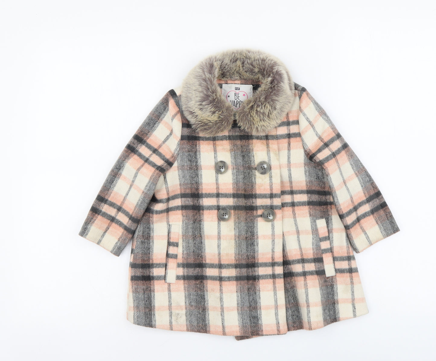F&F Girls Pink Plaid Pea Coat Coat Size 2-3 Years Button
