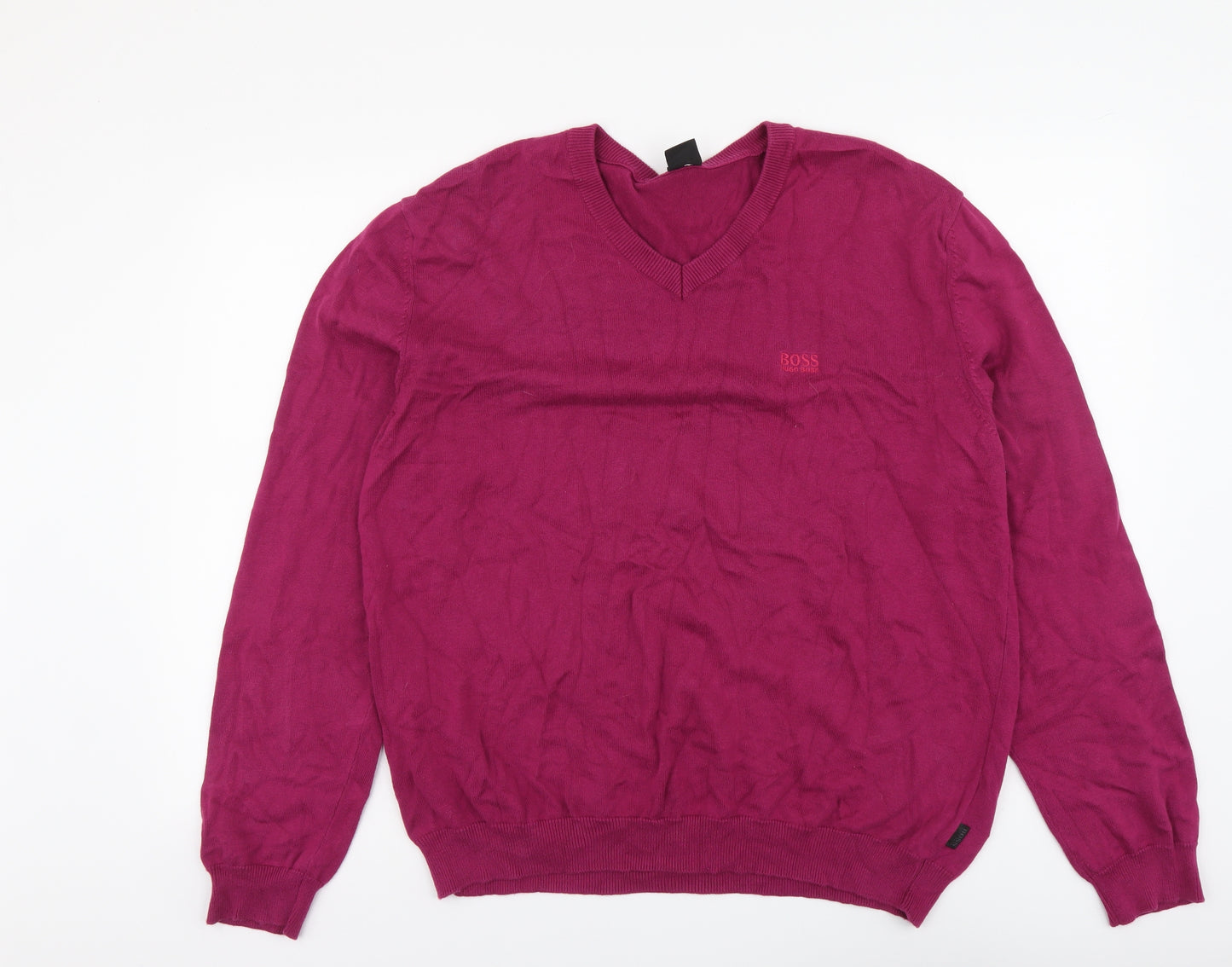 HUGO BOSS Mens Purple V-Neck Cotton Pullover Jumper Size L