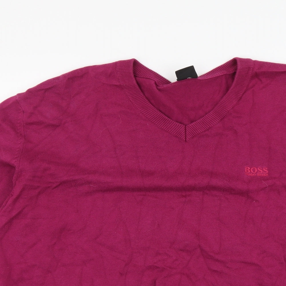 HUGO BOSS Mens Purple V-Neck Cotton Pullover Jumper Size L
