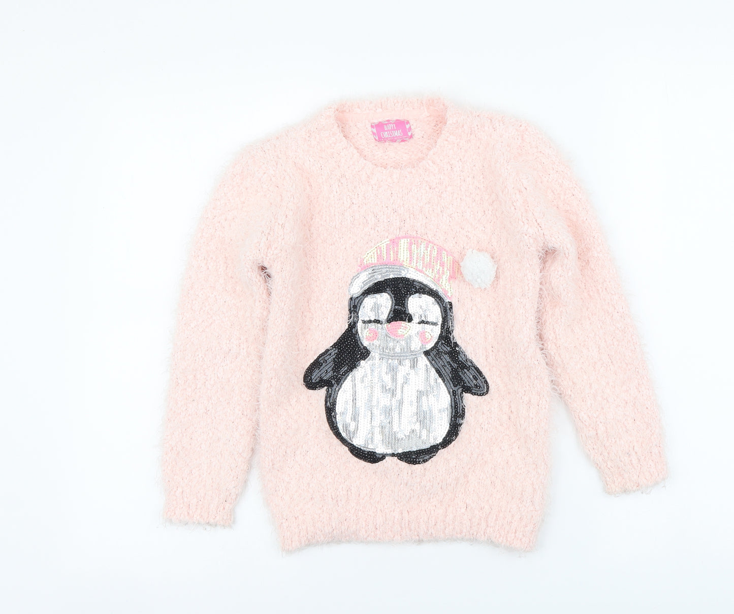 YD Girls Pink Round Neck Polyester Pullover Jumper Size 7-8 Years Pullover - Penguin Christmas