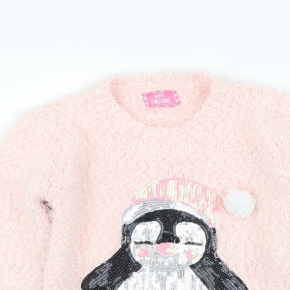 YD Girls Pink Round Neck Polyester Pullover Jumper Size 7-8 Years Pullover - Penguin Christmas