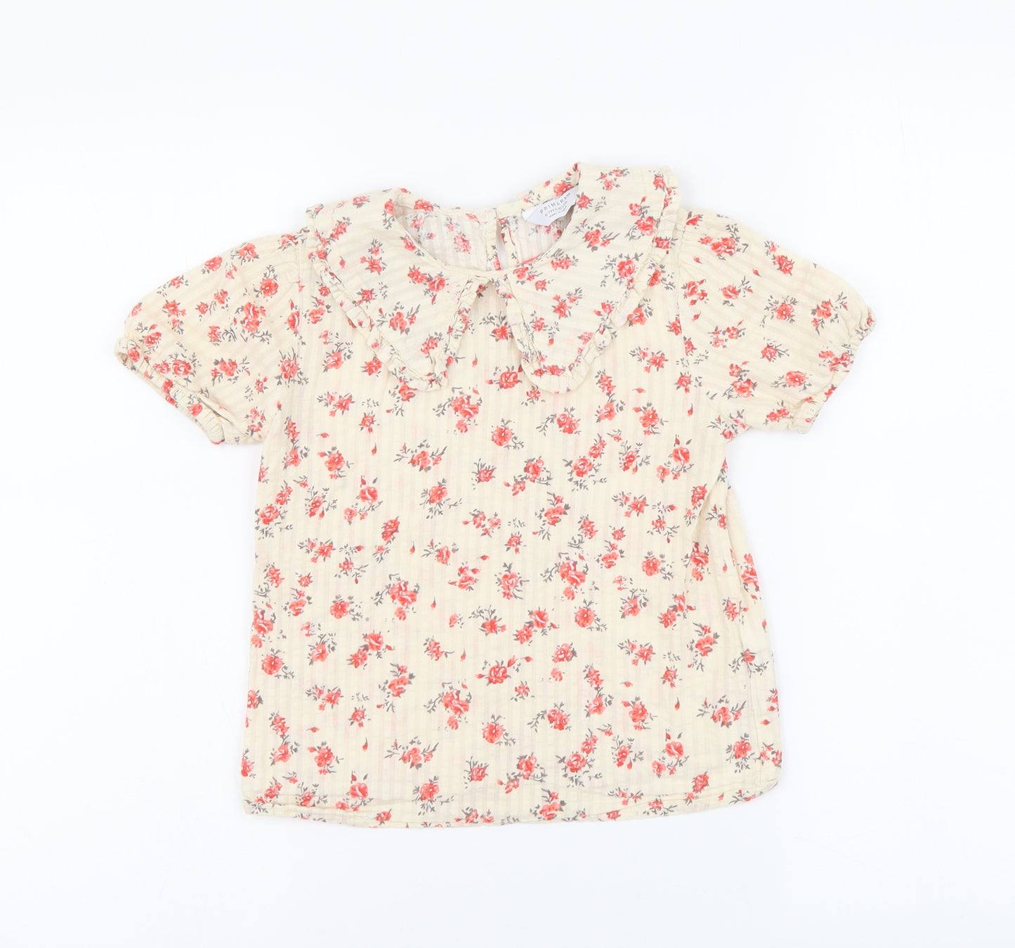 Primark Girls Beige Floral Cotton Basic Blouse Size 6-7 Years Round Neck Pullover