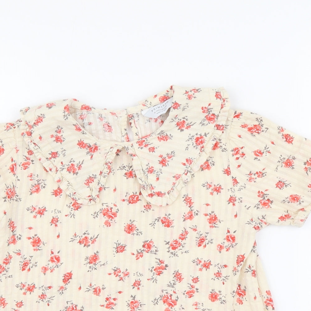 Primark Girls Beige Floral Cotton Basic Blouse Size 6-7 Years Round Neck Pullover