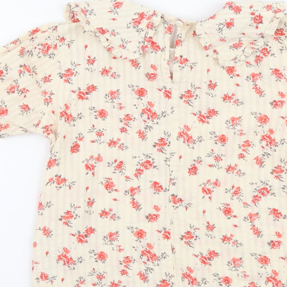 Primark Girls Beige Floral Cotton Basic Blouse Size 6-7 Years Round Neck Pullover