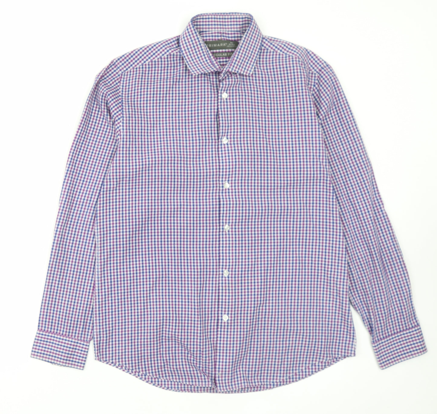 Primark Mens Purple Plaid Polyester Button-Up Size 15.5 Collared Button