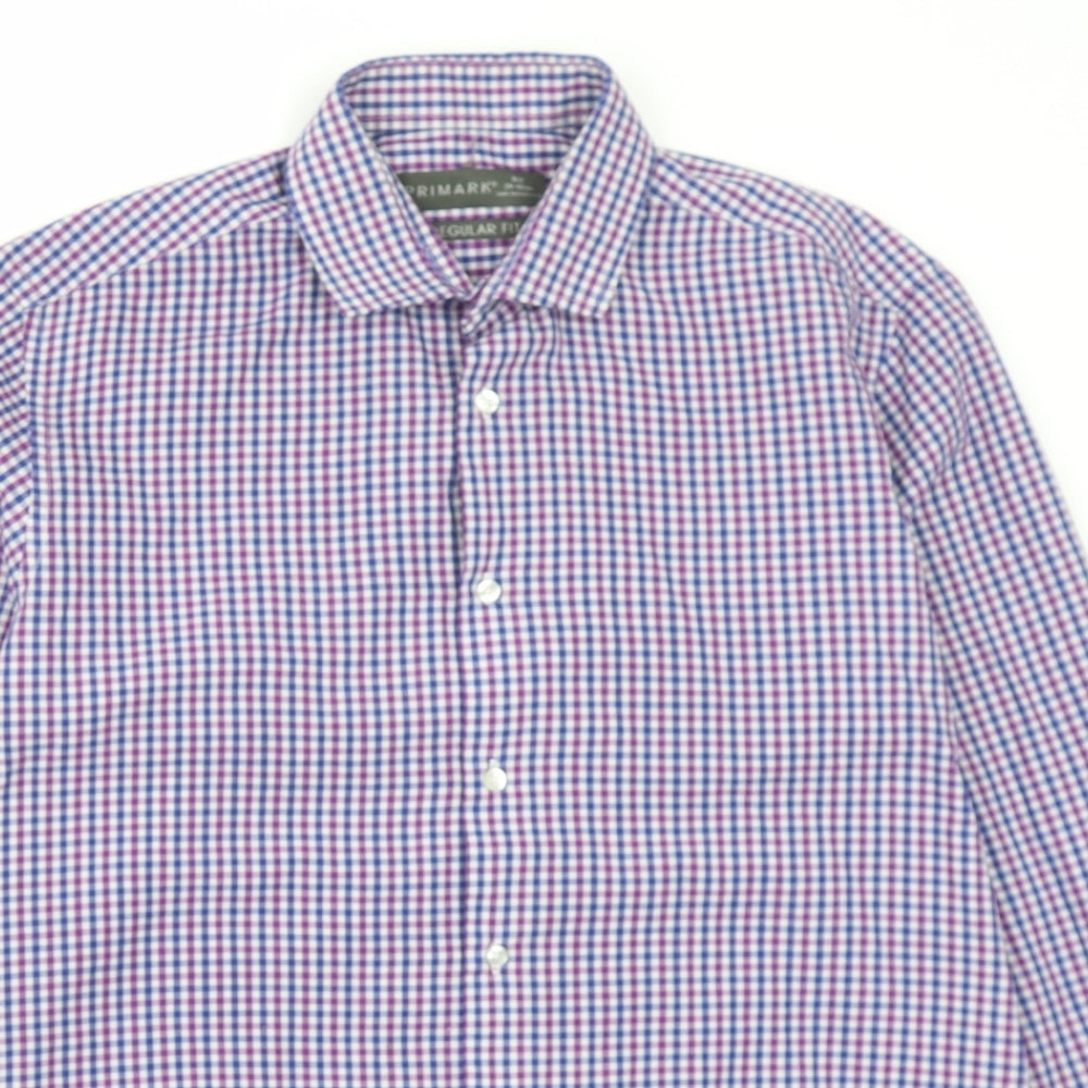 Primark Mens Purple Plaid Polyester Button-Up Size 15.5 Collared Button