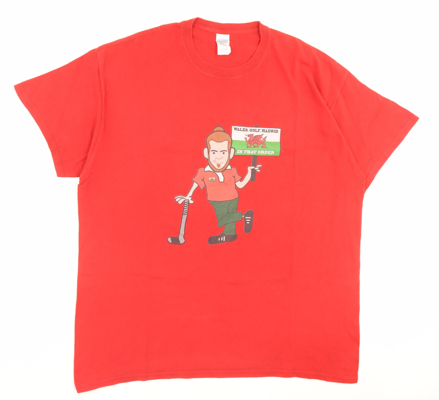 Gildan Mens Red Cotton T-Shirt Size XL Crew Neck - Wales.Golf.Madrid
