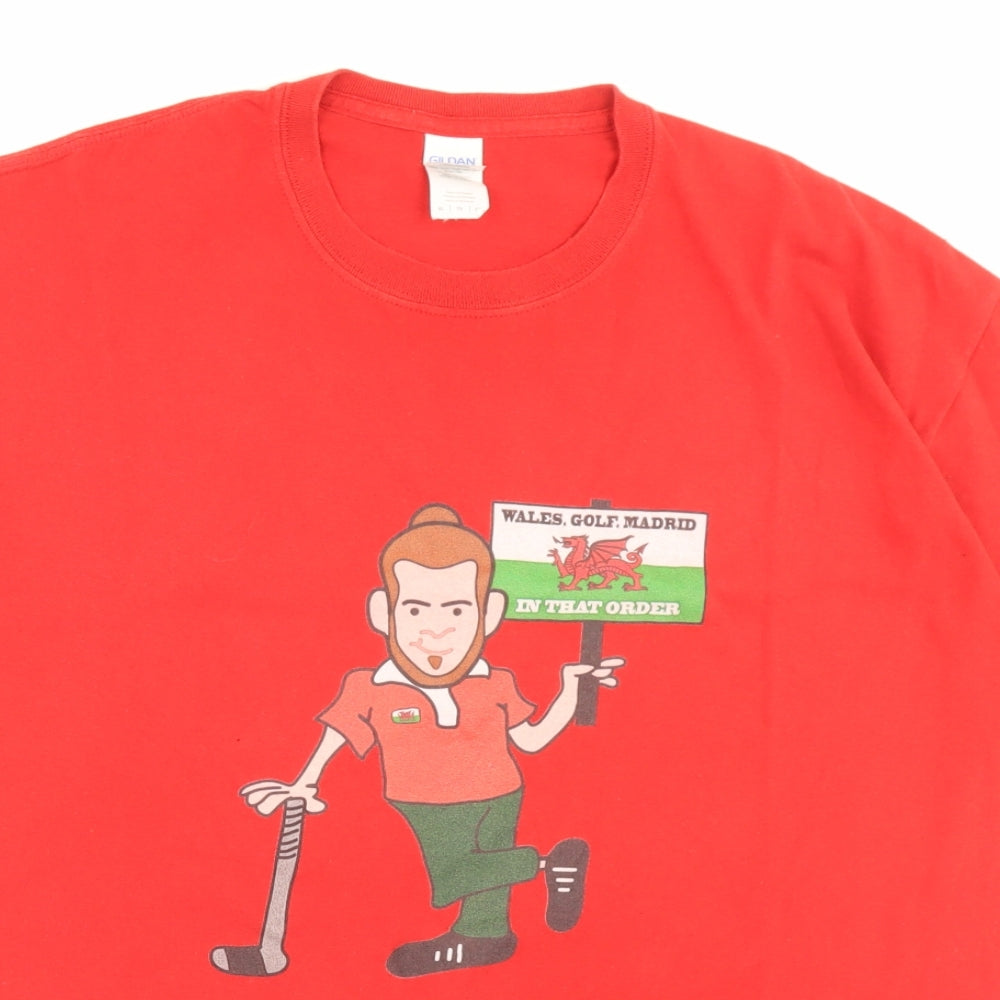 Gildan Mens Red Cotton T-Shirt Size XL Crew Neck - Wales.Golf.Madrid