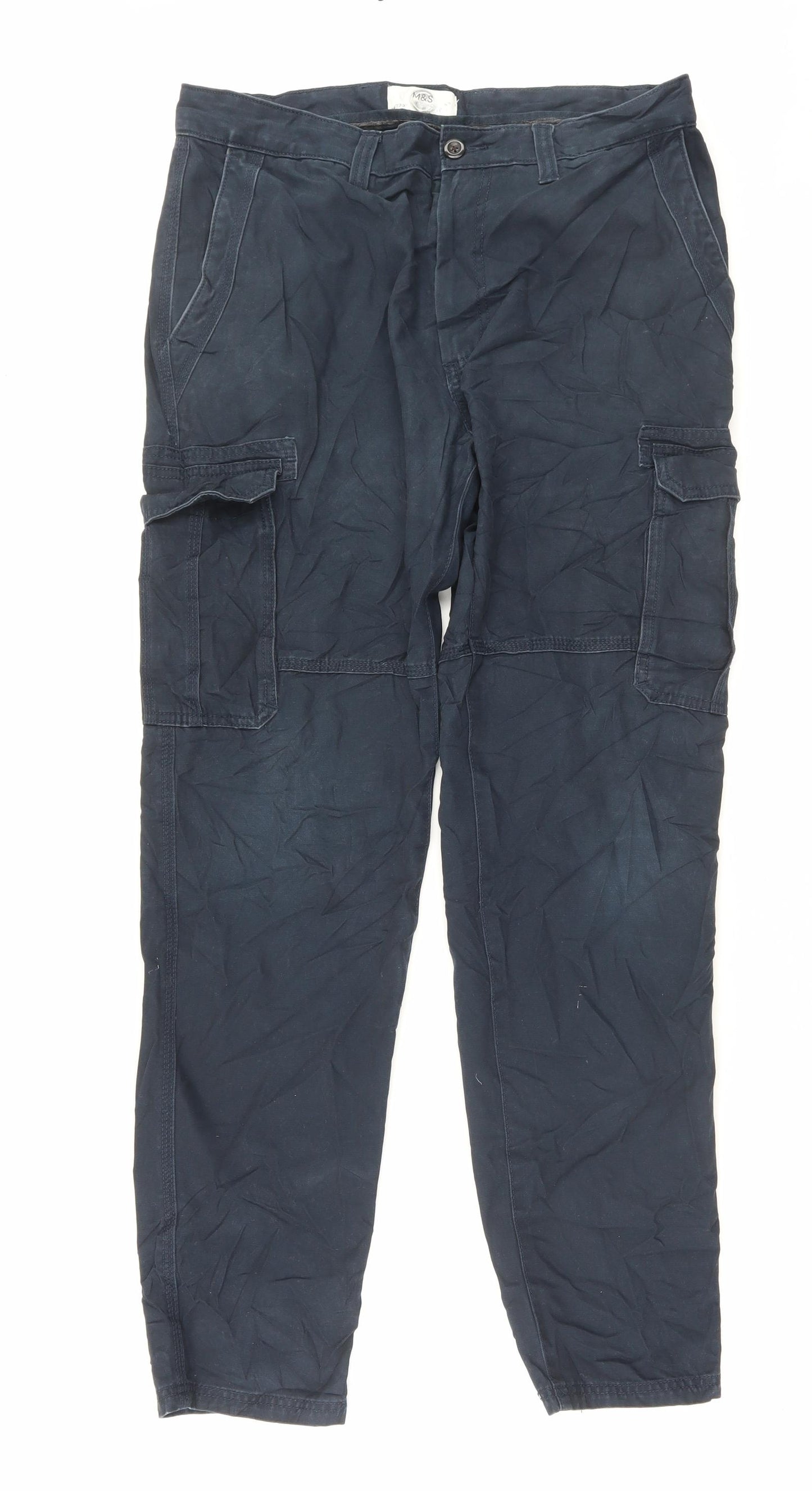 Marks and Spencer Mens Blue Cotton Cargo Trousers Size 34 in L33 in Regular Button - Long Leg