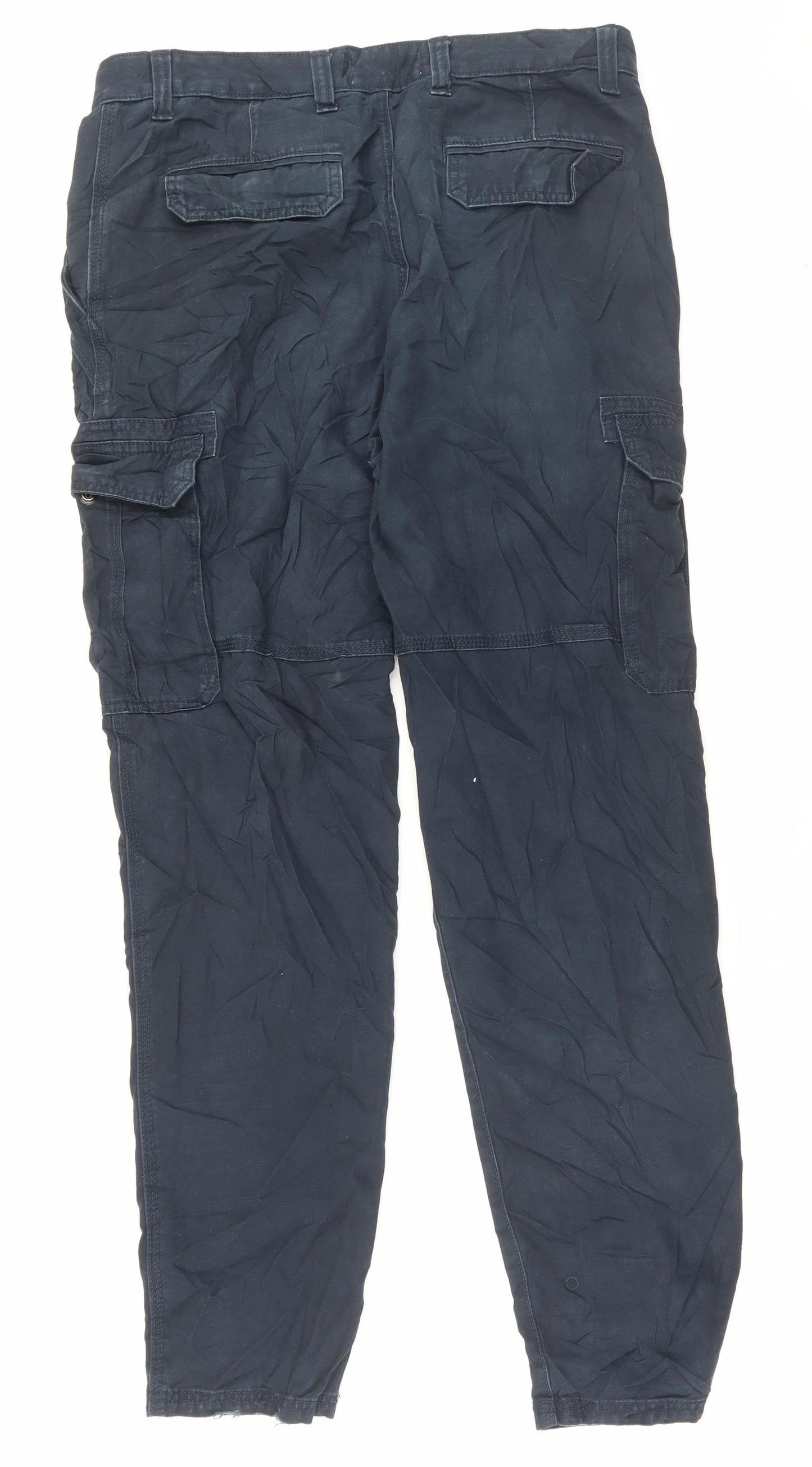 Marks and Spencer Mens Blue Cotton Cargo Trousers Size 34 in L33 in Regular Button - Long Leg