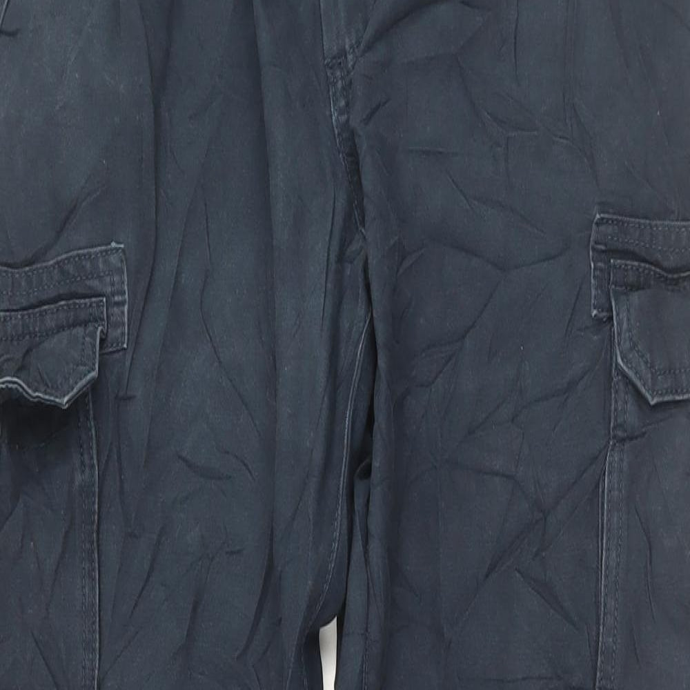 Marks and Spencer Mens Blue Cotton Cargo Trousers Size 34 in L33 in Regular Button - Long Leg