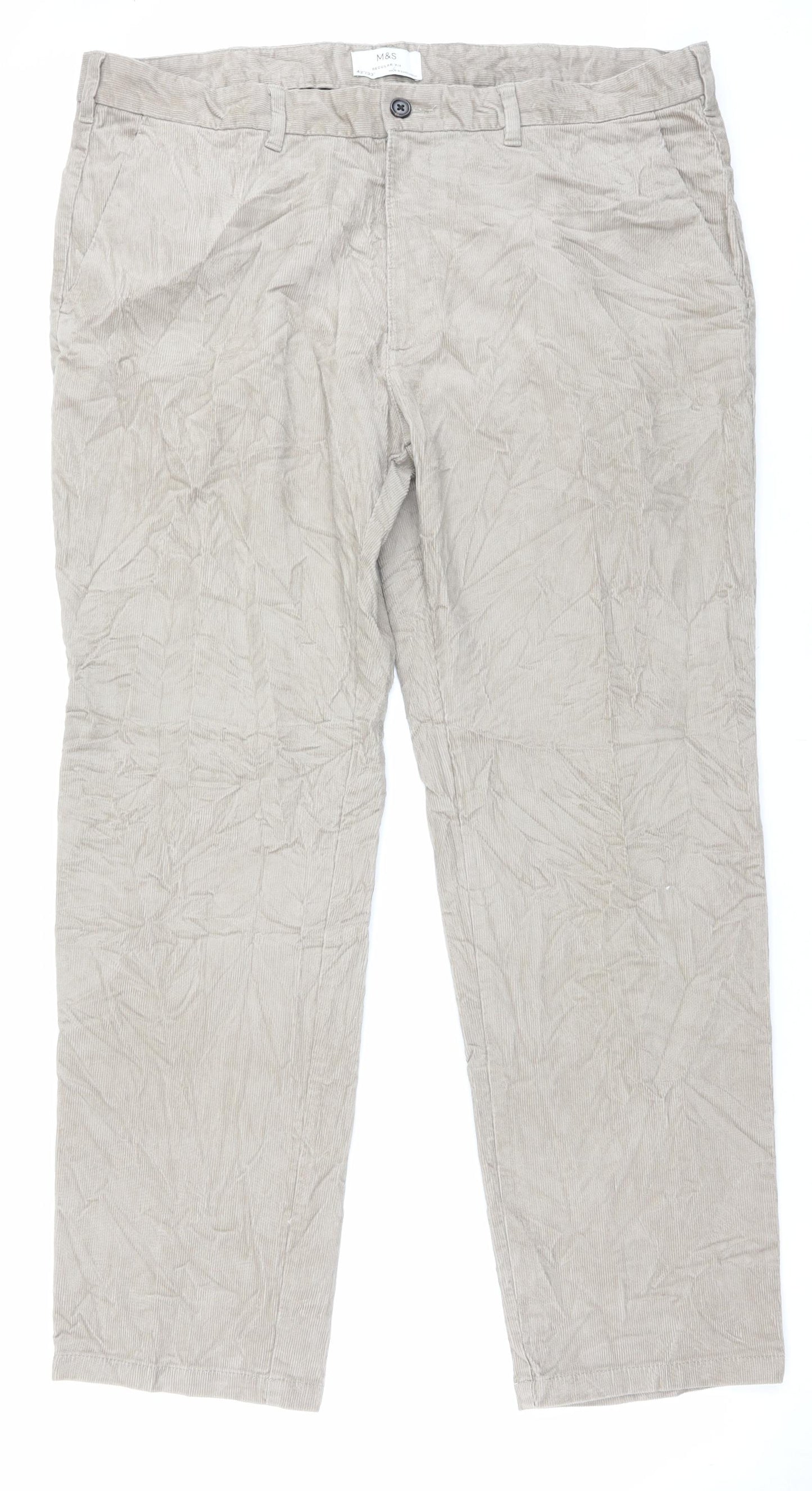Marks and Spencer Mens Beige Cotton Trousers Size 42 in L33 in Regular Button