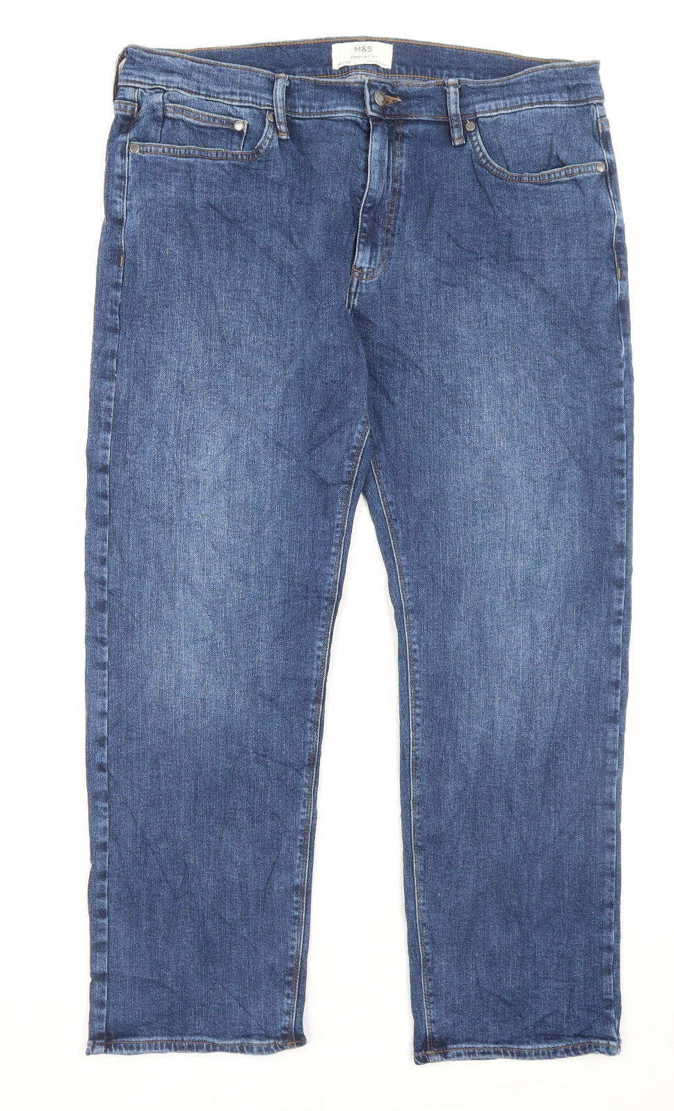 Marks and Spencer Mens Blue Cotton Straight Jeans Size 36 in L29 in Regular Button - Short Leg