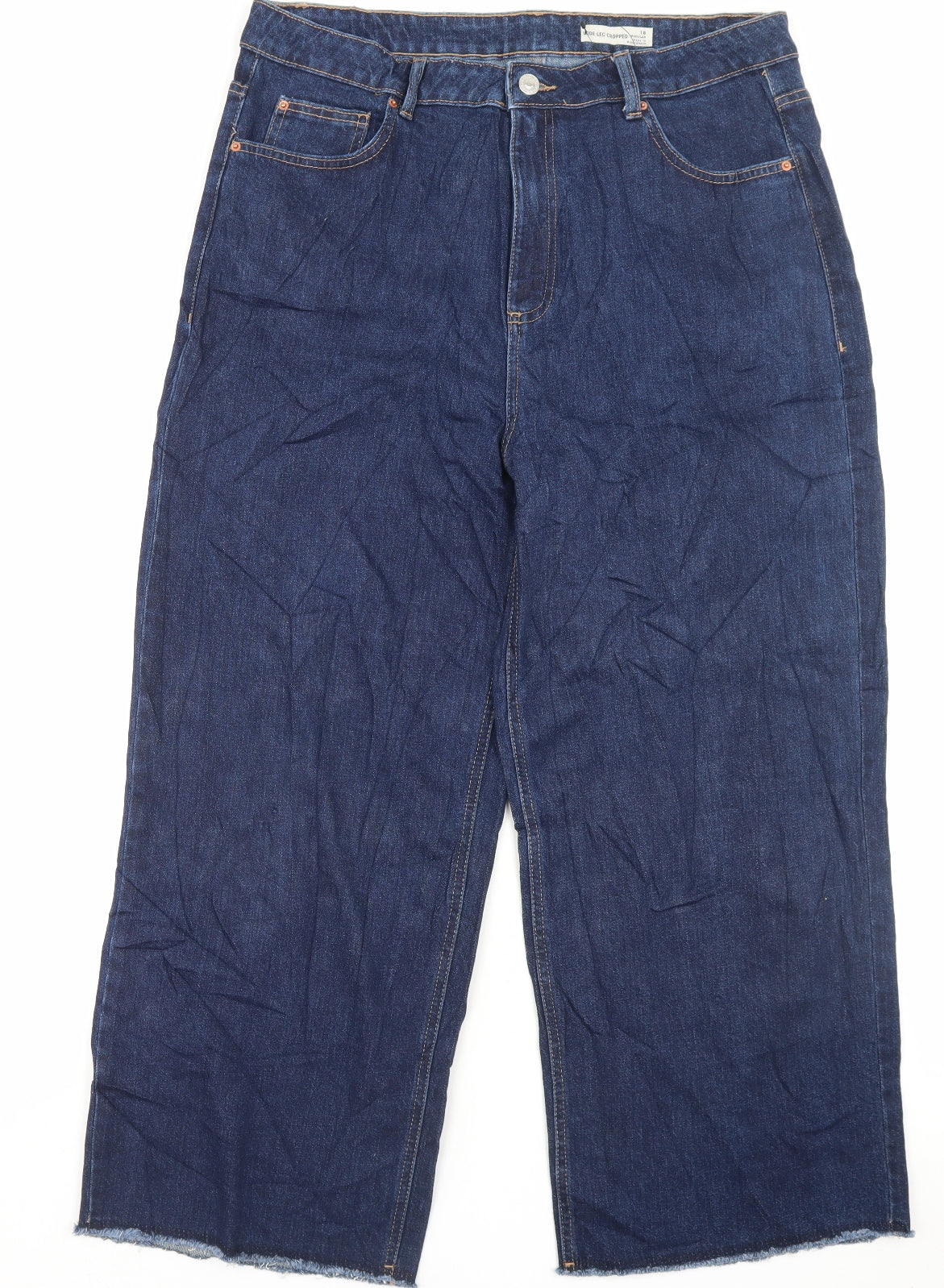 Marks and Spencer Womens Blue Cotton Wide-Leg Jeans Size 18 L27 in Regular Button - Cropped
