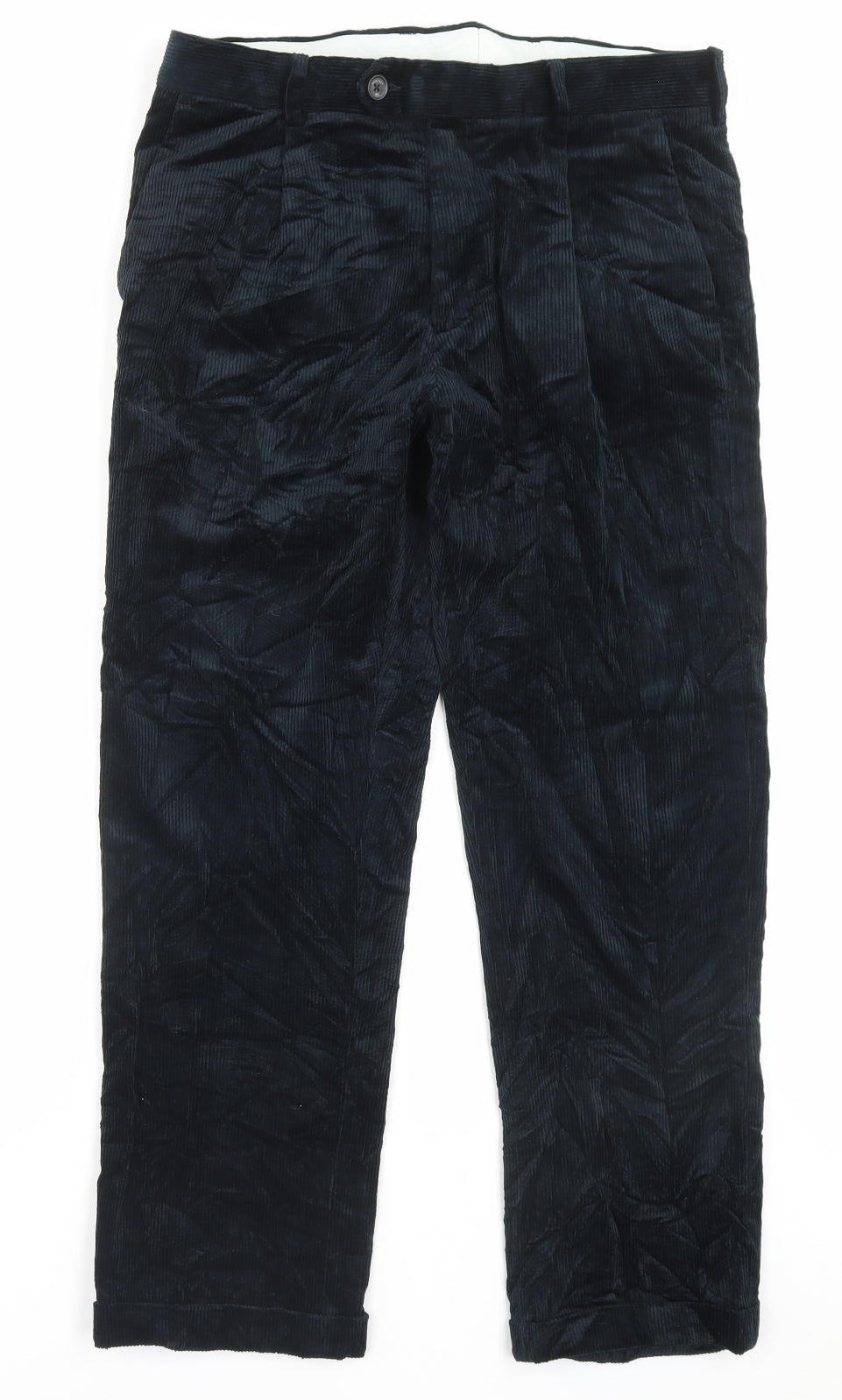 Marks and Spencer Mens Black Cotton Trousers Size 32 in L29 in Regular Button - Short Leg