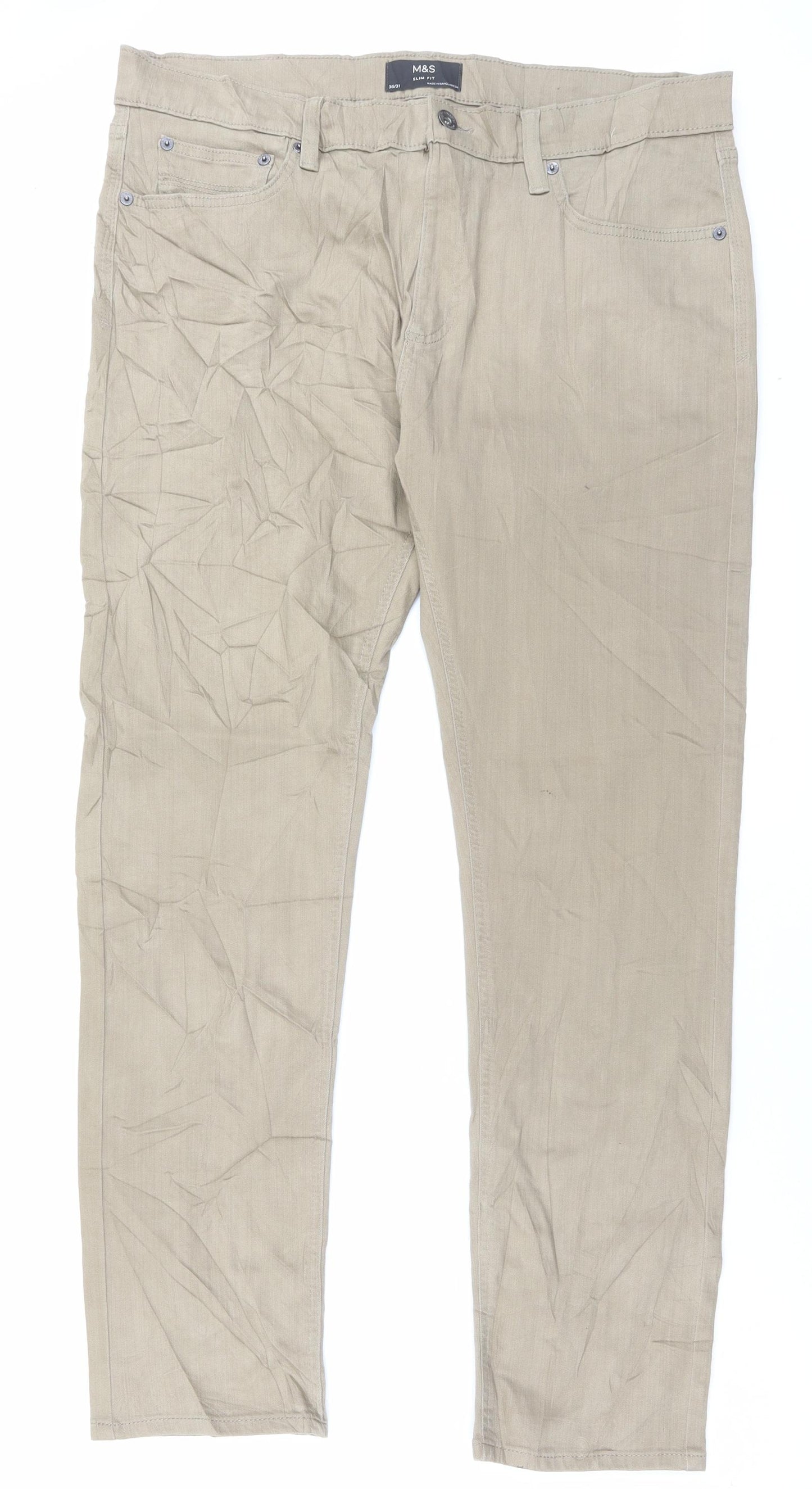 Marks and Spencer Mens Beige Cotton Straight Jeans Size 36 in L31 in Regular Button