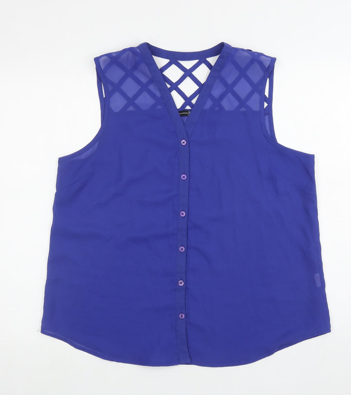 Atmosphere Womens Blue Polyester Basic Button-Up Size 10 V-Neck - Cut out back
