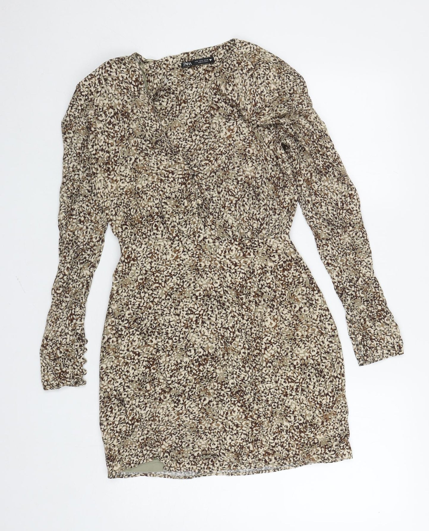 Zara Womens Brown Animal Print Viscose Fit & Flare Size S V-Neck Button - Shoulder Pads