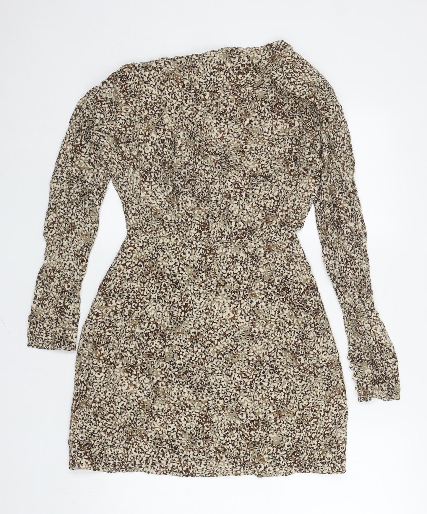 Zara Womens Brown Animal Print Viscose Fit & Flare Size S V-Neck Button - Shoulder Pads