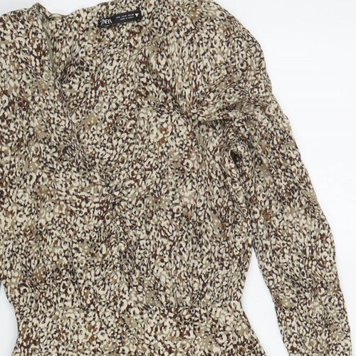 Zara Womens Brown Animal Print Viscose Fit & Flare Size S V-Neck Button - Shoulder Pads