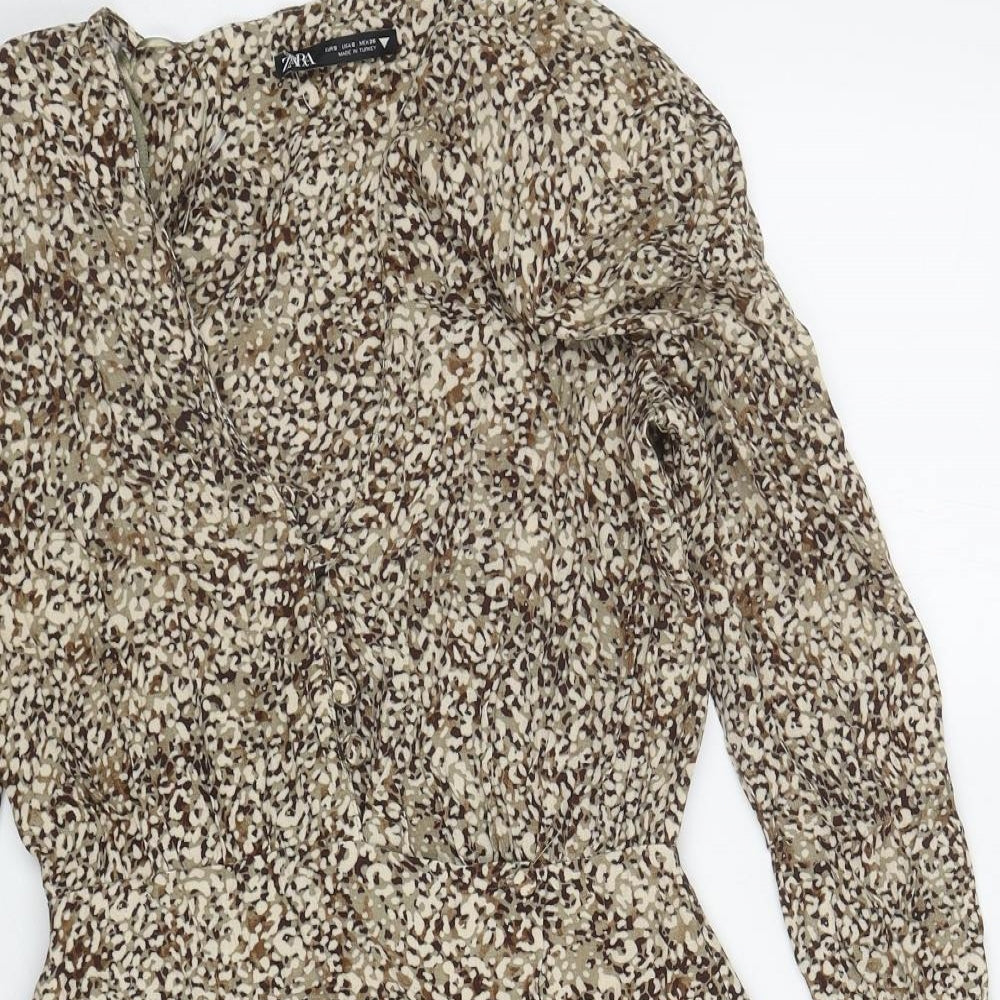 Zara Womens Brown Animal Print Viscose Fit & Flare Size S V-Neck Button - Shoulder Pads