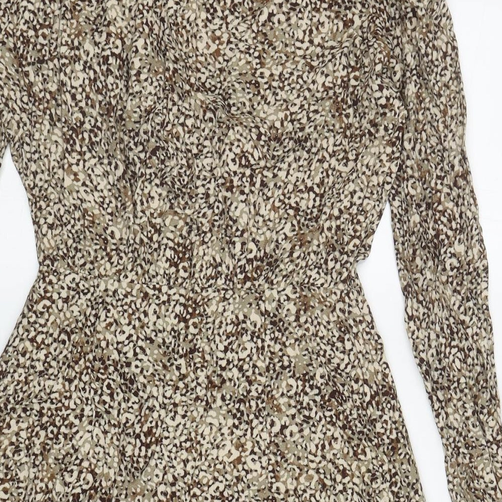 Zara Womens Brown Animal Print Viscose Fit & Flare Size S V-Neck Button - Shoulder Pads