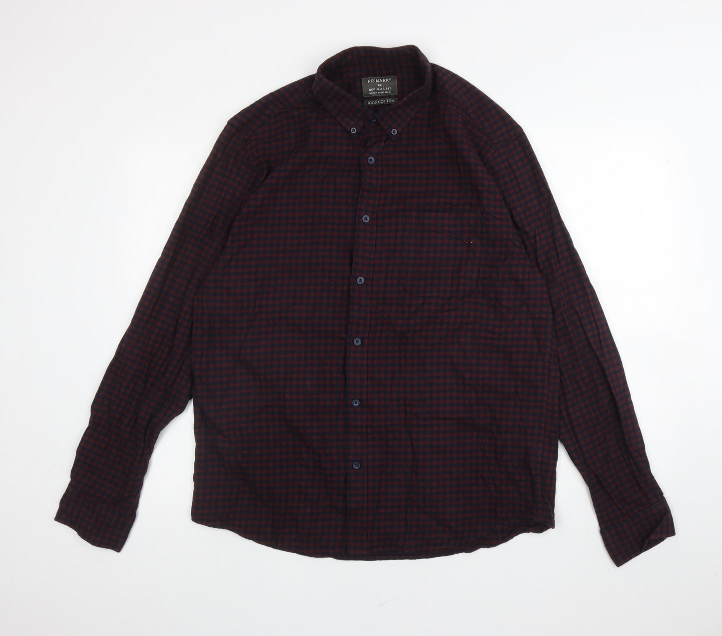 Primark Mens Red Plaid Cotton Button-Up Size XL Collared Button - Gingham