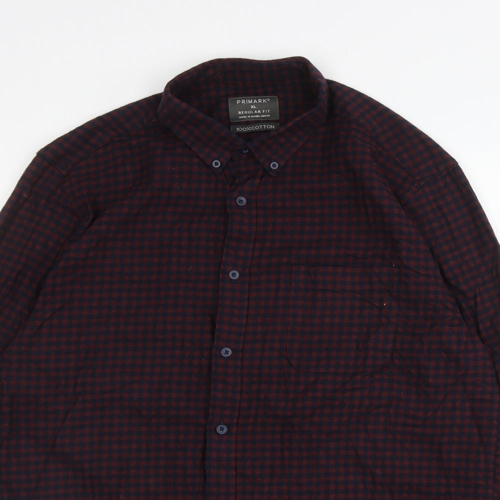 Primark Mens Red Plaid Cotton Button-Up Size XL Collared Button - Gingham