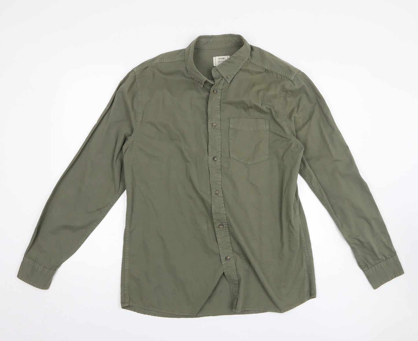 George Mens Green Cotton Button-Up Size M Collared Button
