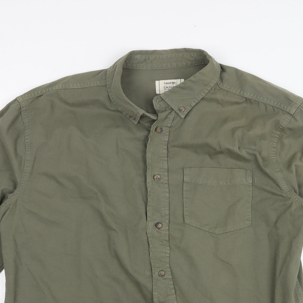 George Mens Green Cotton Button-Up Size M Collared Button