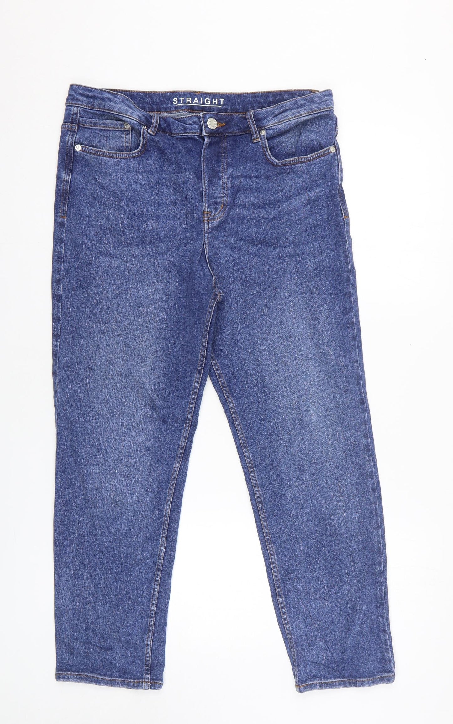 Marks and Spencer Womens Blue Cotton Straight Jeans Size 12 L24 in Regular Zip