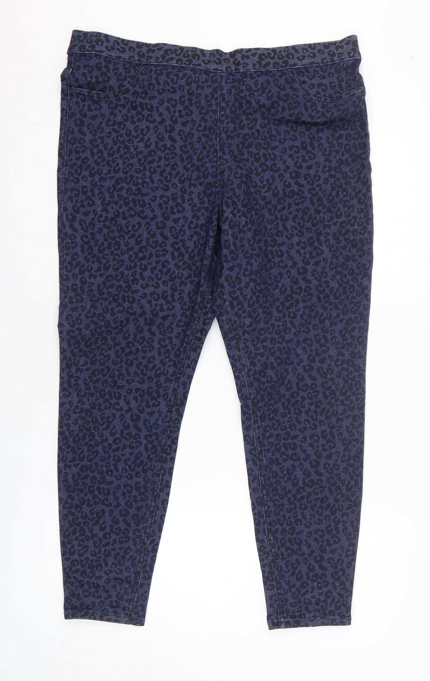 Marks and Spencer Womens Blue Animal Print Cotton Trousers Size 18 L24 in Regular