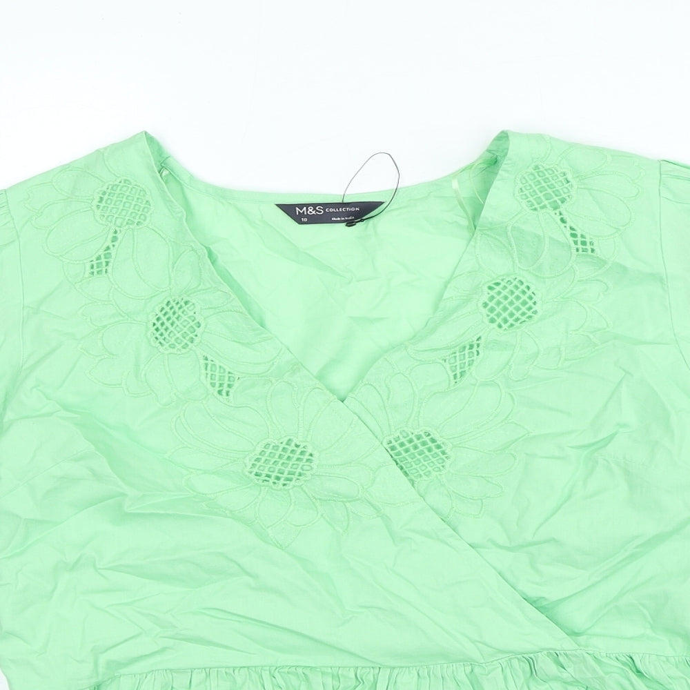 Per Una Womens Green 100% Cotton Basic Blouse Size 10 V-Neck